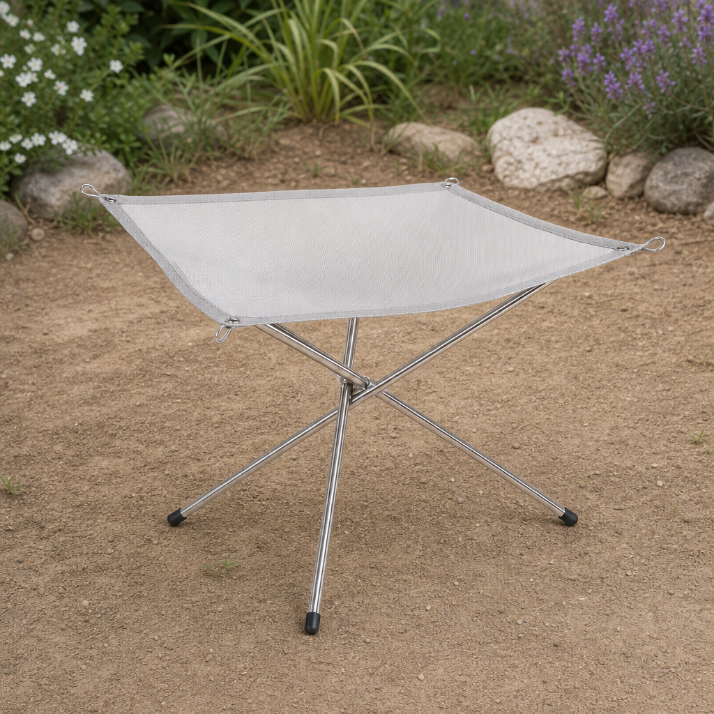 Close-up of the Emberix stainless steel mesh fire pit