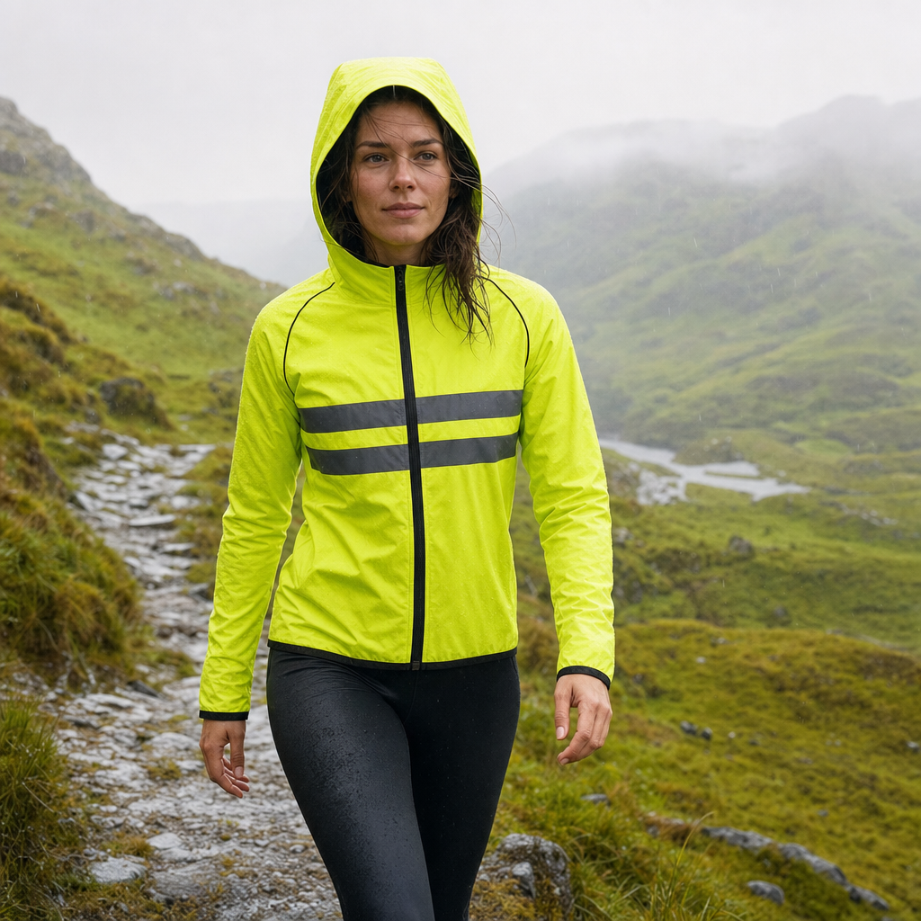 Walker wearing the Stormix neon yellow rain jacket on a wet British hillside