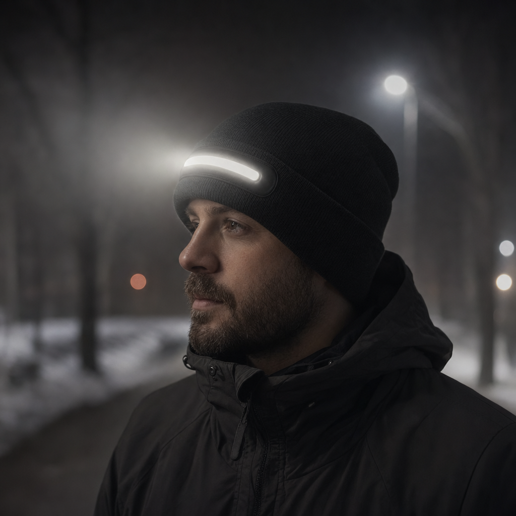 Glowix LED beanie worn on a dark path with LED glowing