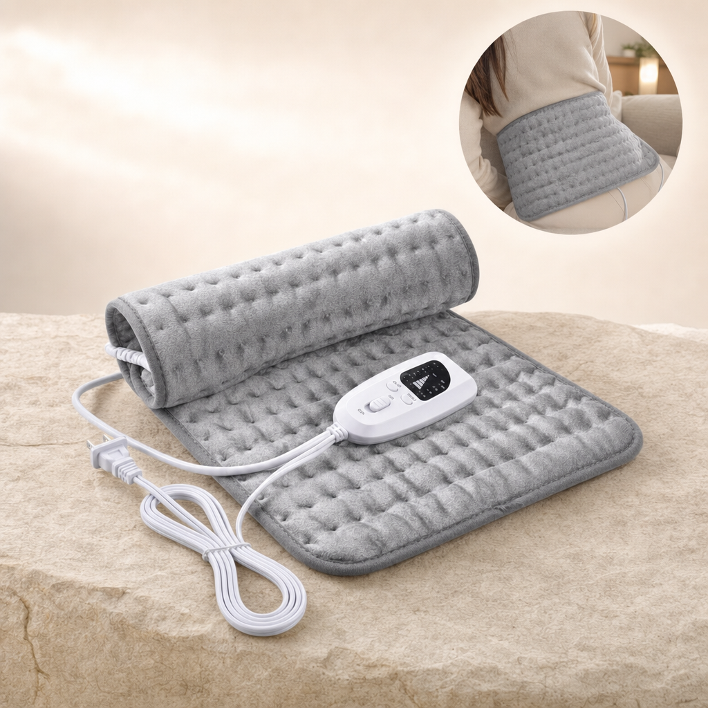 Glowra grey electric heating pad with in-use view