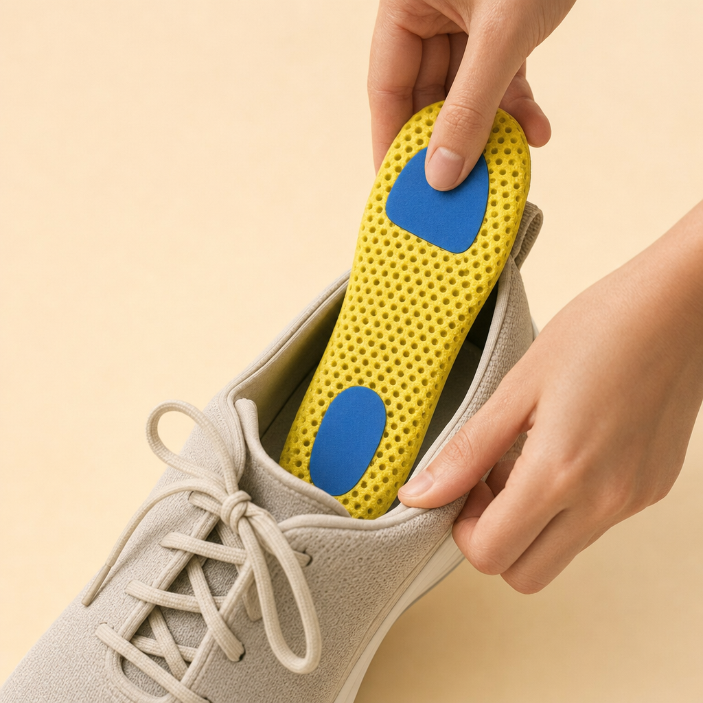 Adaptra insole placed into an open walking shoe