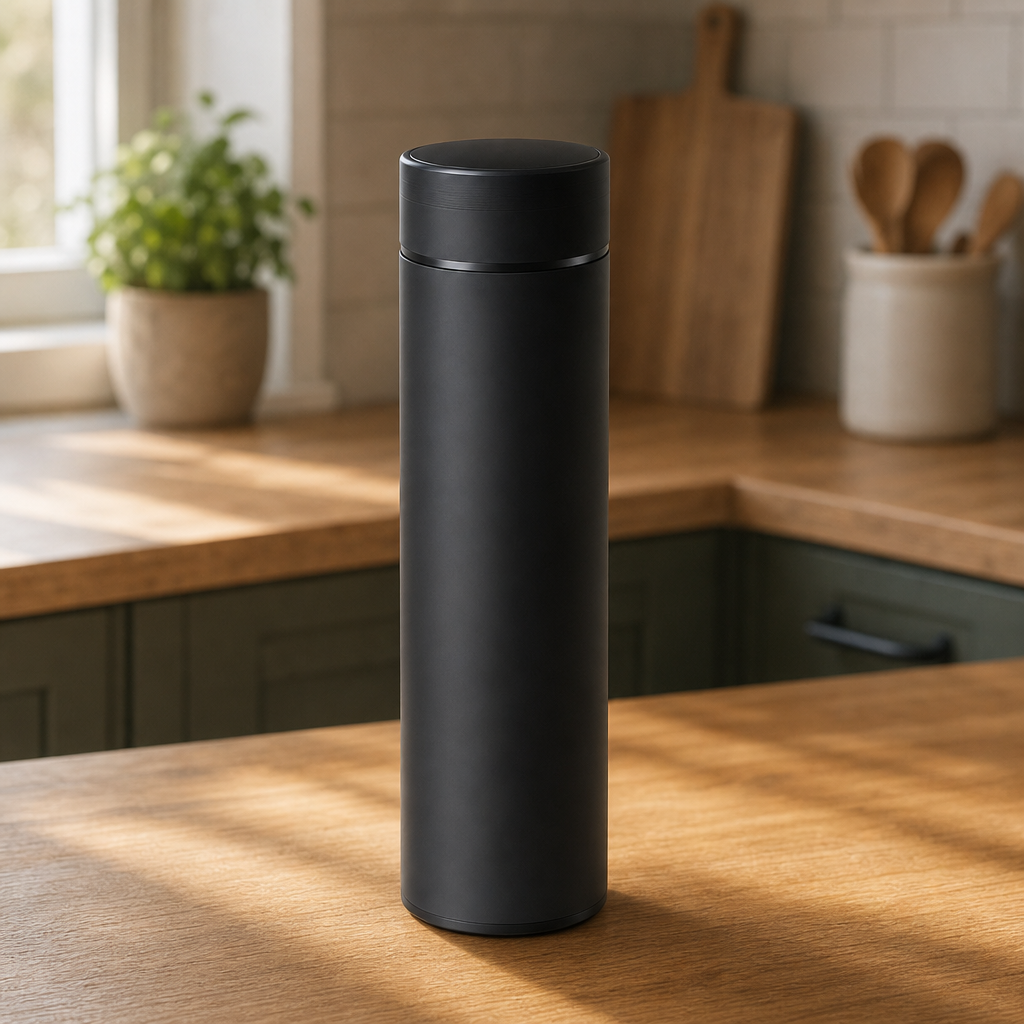 Tempix bottle on a kitchen counter with coffee