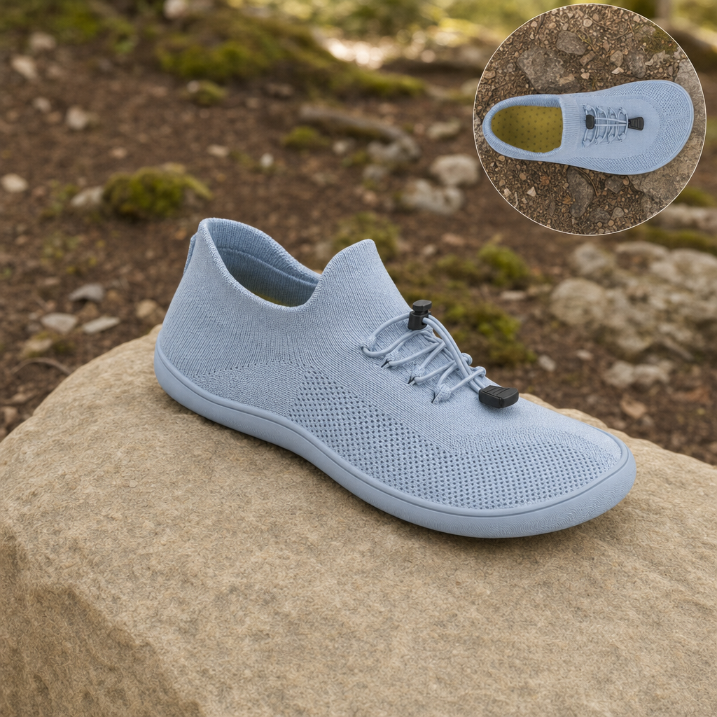 Strova barefoot walking shoes – Ice Blue on sandstone with in-use inset