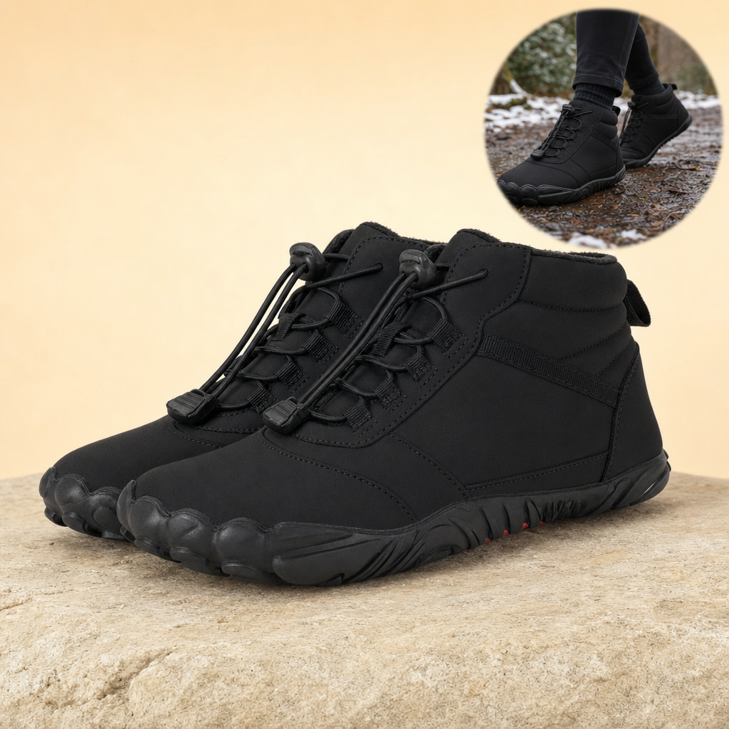 Wandora barefoot winter boots Black Coal on sandstone with in-use inset