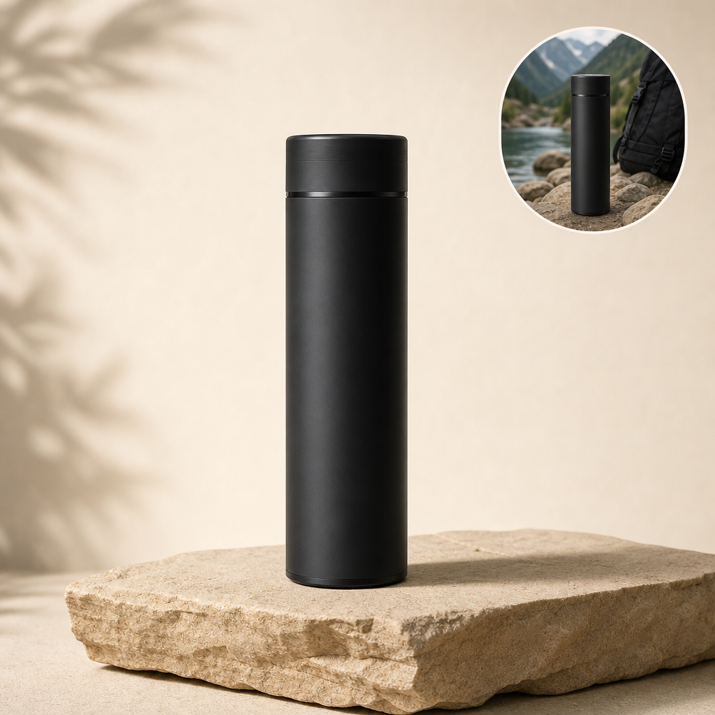 Tempix black water bottle on a sandstone ledge