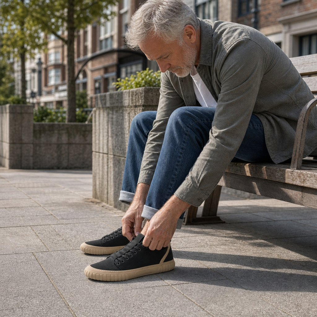 Man on a bench adjusting the laces of his Stepra barefoot walking shoes