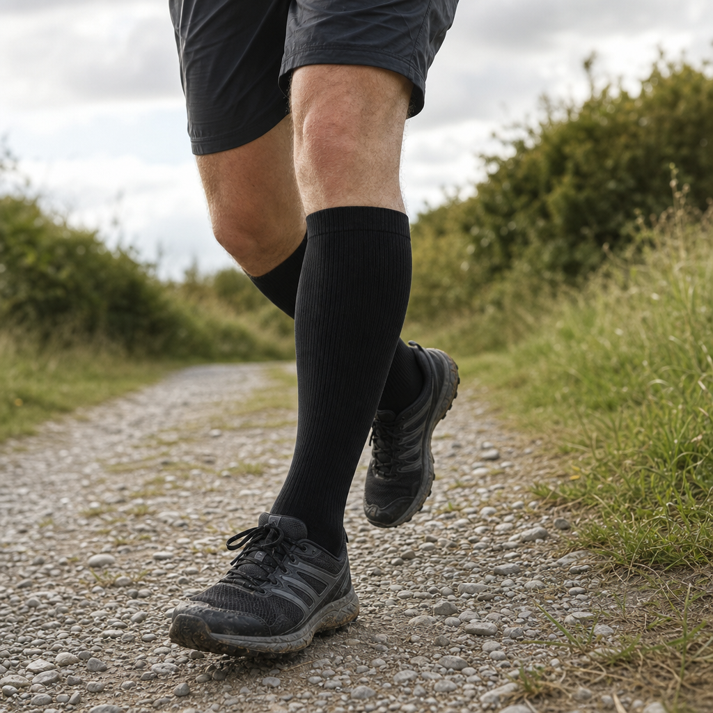 Man walking a gravel trail in Pulsora compression socks
