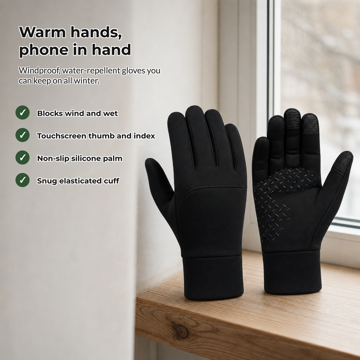 Calidra glove benefits: windproof, water-repellent, touchscreen, silicone palm