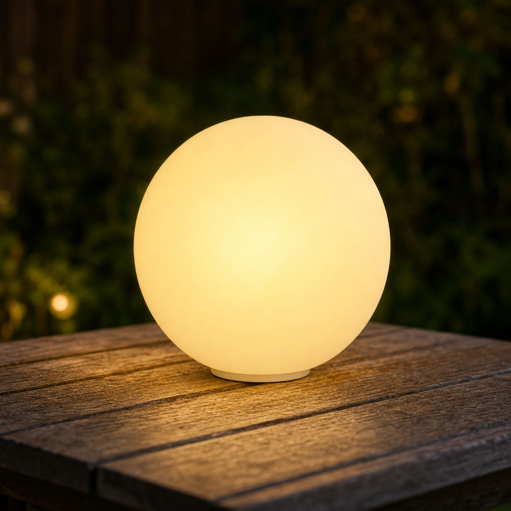 Orblux garden sphere close-up on garden table