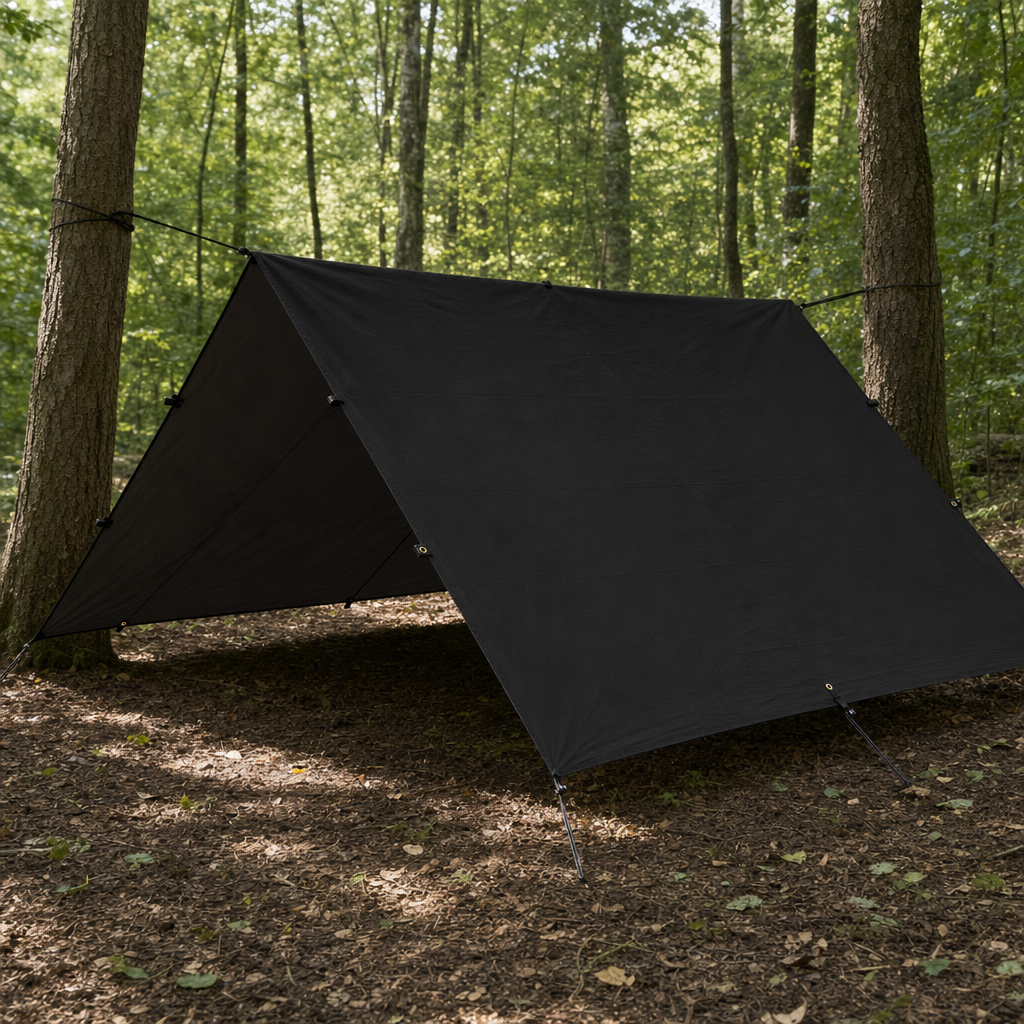 Canora black tarp pitched as an A-frame shelter outdoors