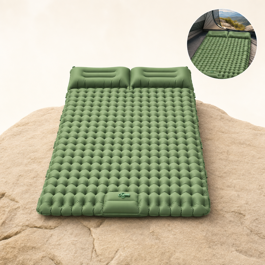Nestora sleeping pad green on rock ledge with in-use inset