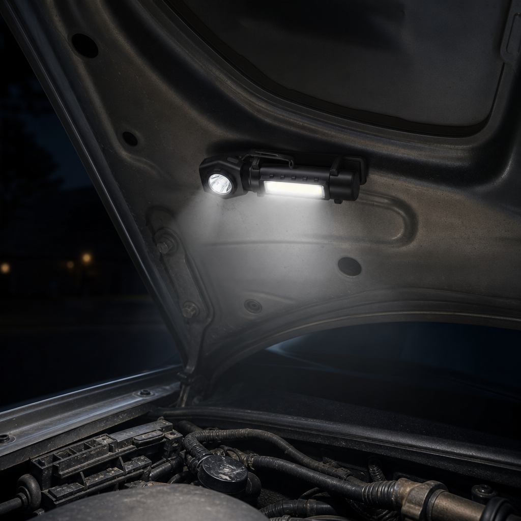 Noctix LED torch held by its magnet to a metal surface at night