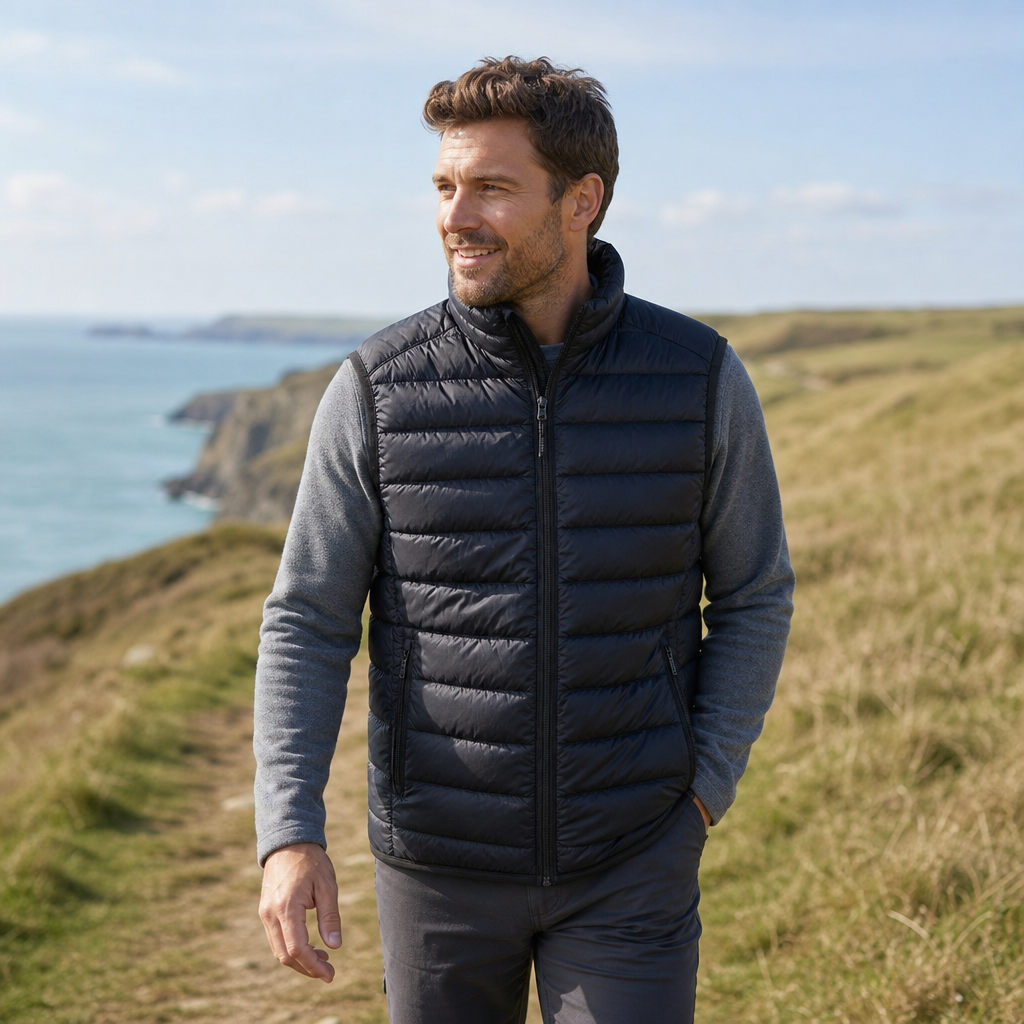 Man wearing the Loftova body warmer on a coastal path