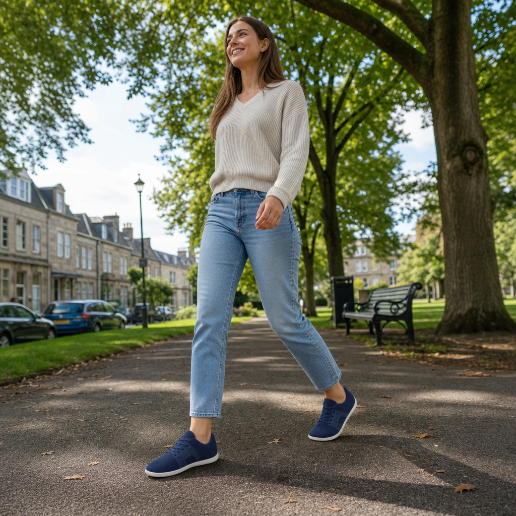 Woman walking a park path in Stridon barefoot sneakers