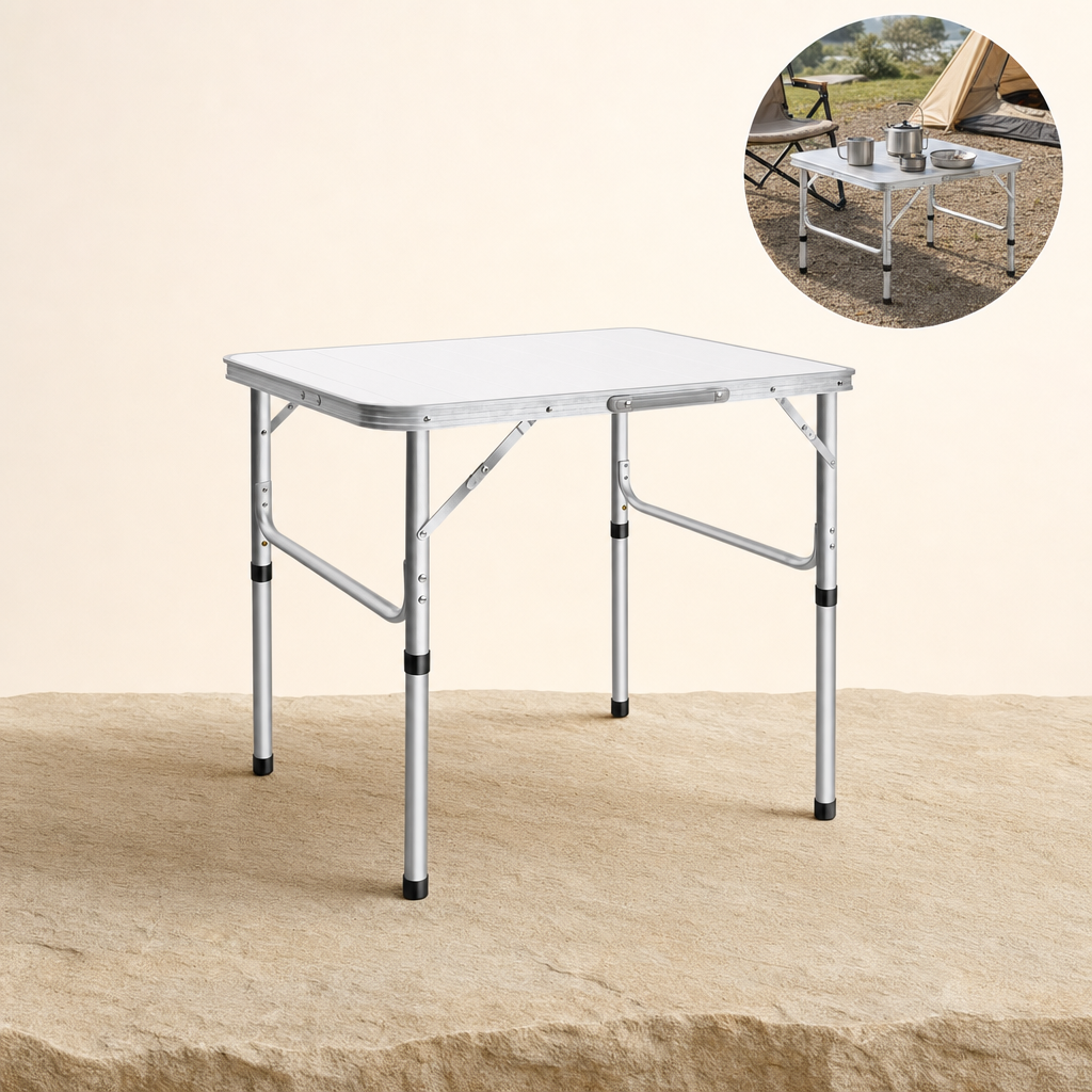 Tavora folding camping table listing image with usage inset