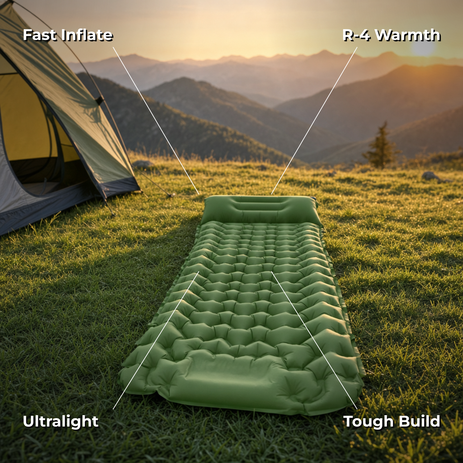 Slumbra sleeping mat features: fast inflate, R-4 warmth, ultralight, tough build