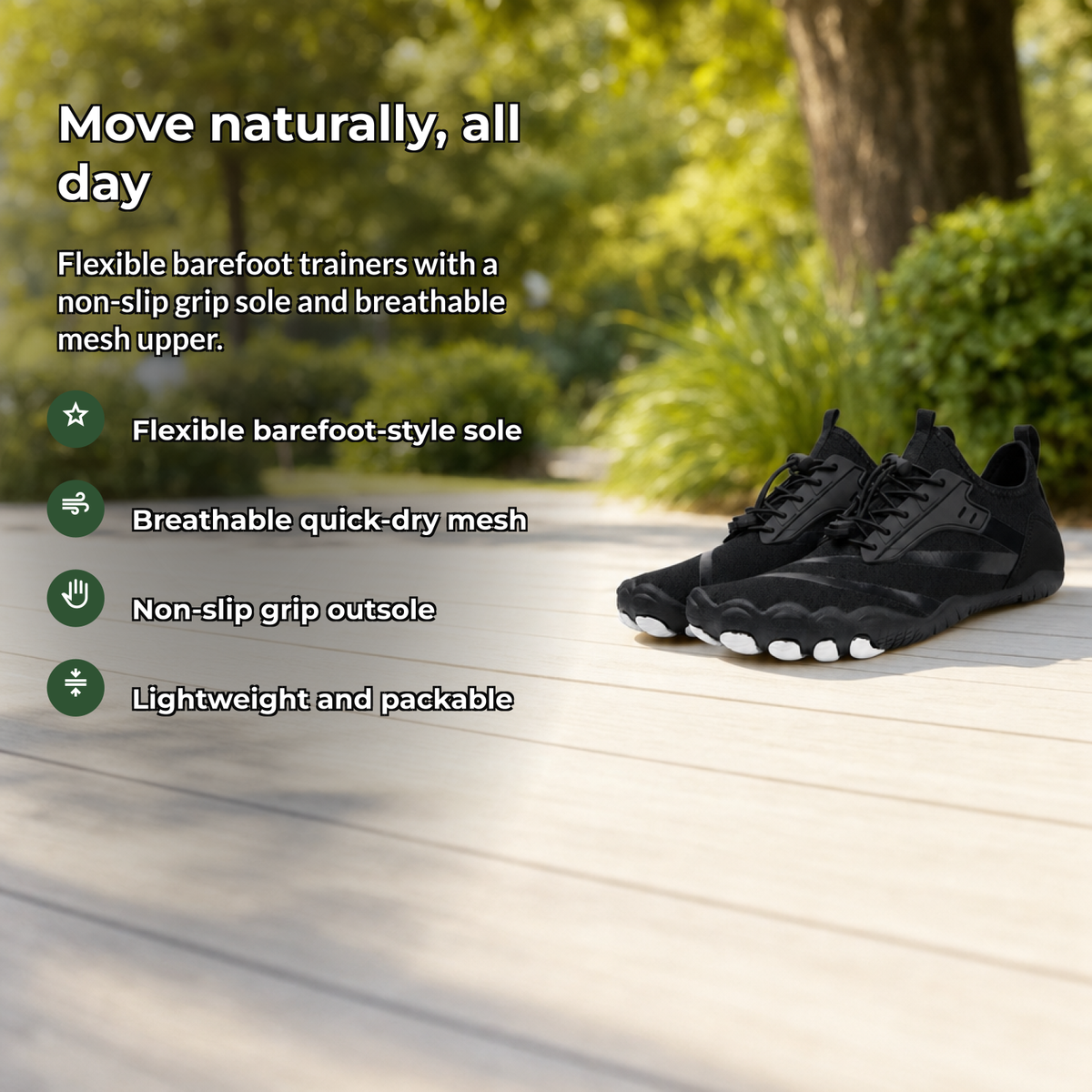 Nimbra benefits: barefoot-style sole, breathable mesh, non-slip grip, secure fit