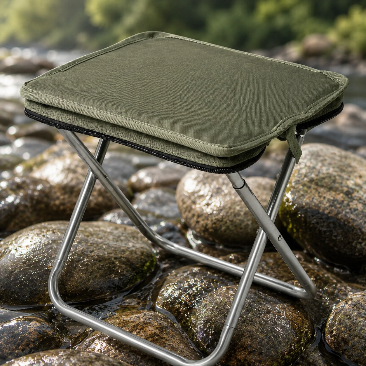 Close-up of the Foldix folding camping stool on wet river stones