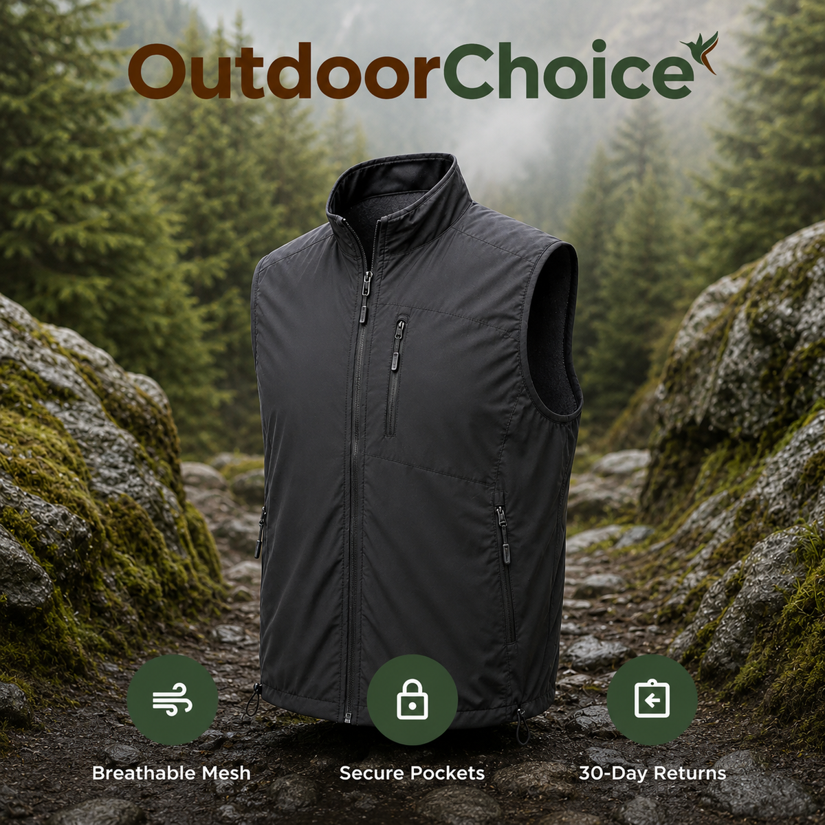 Ventova – Lightweight Breathable Hiking Gilet with Multi-Pocket Storage & Full-Zip Outdoor Layer