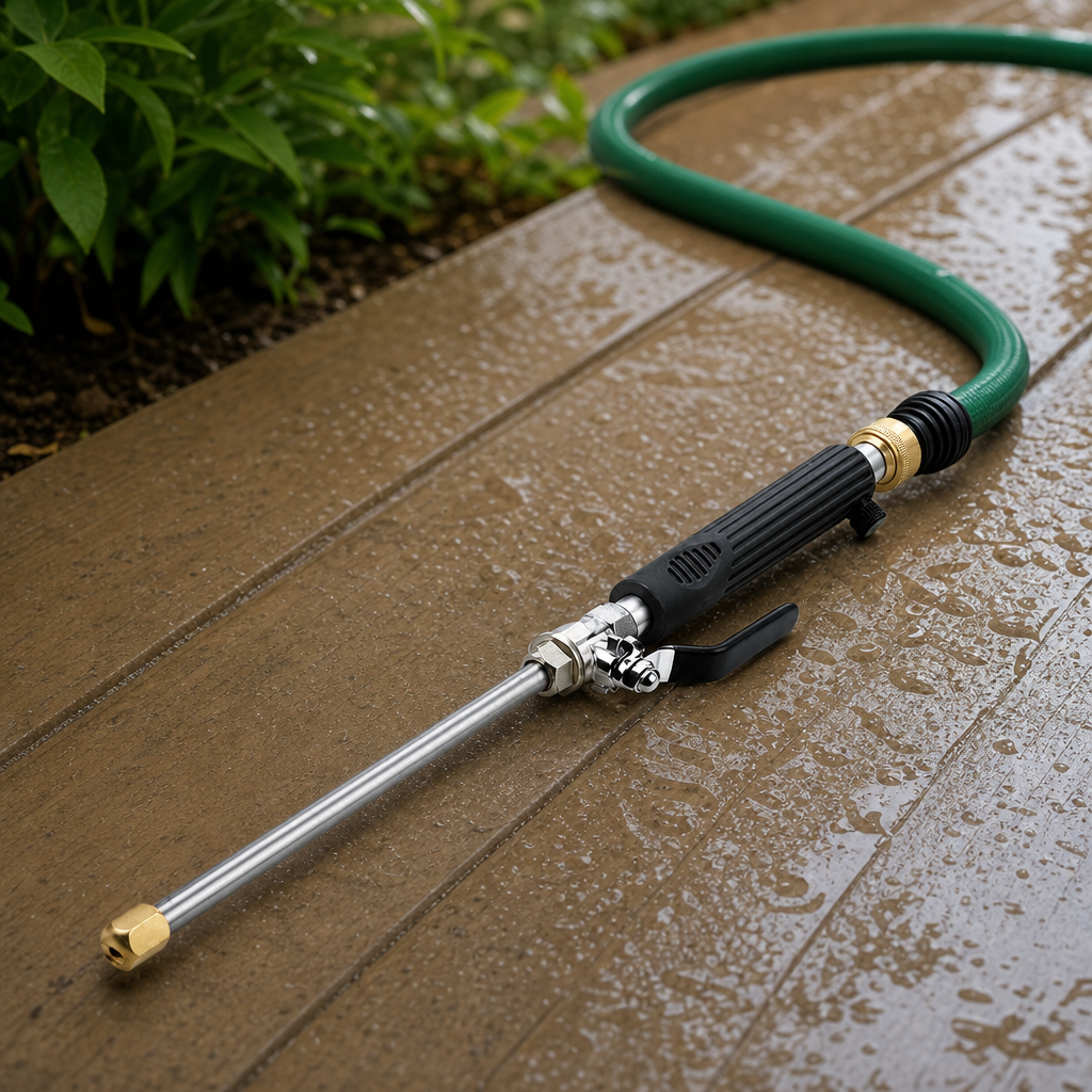 Torrix hose spray gun connected to a garden hose on a patio