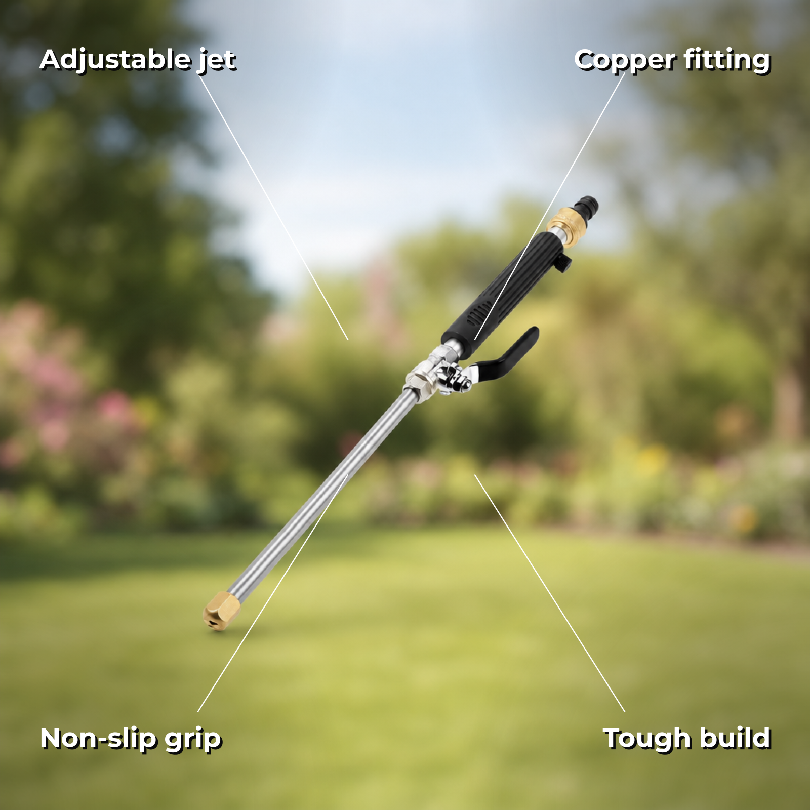 Torrix features: adjustable jet, copper fitting, non-slip grip, tough build