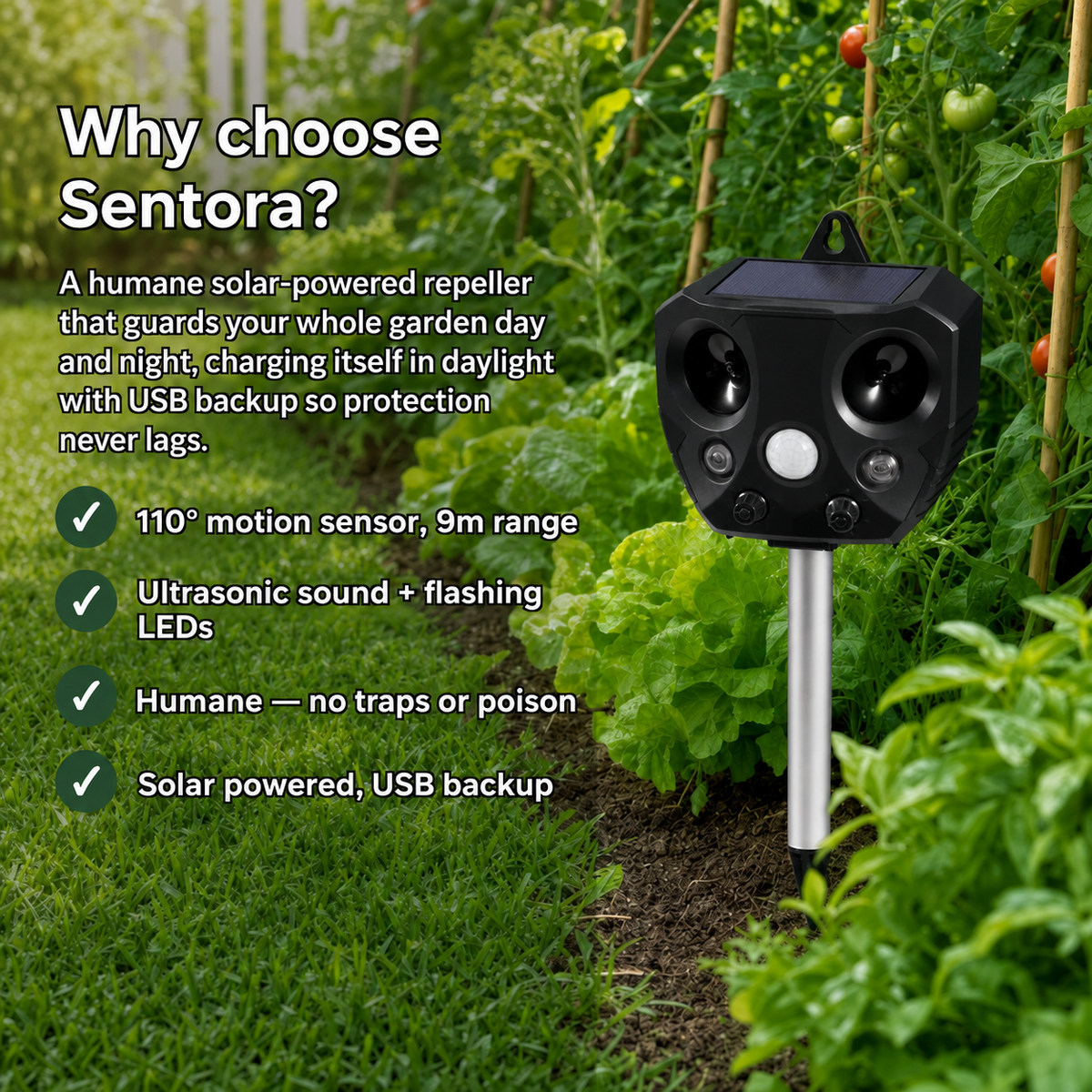 Sentora – Solar Ultrasonic Bird & Pest Repeller with Motion Sensor & Flashing LED for Gardens