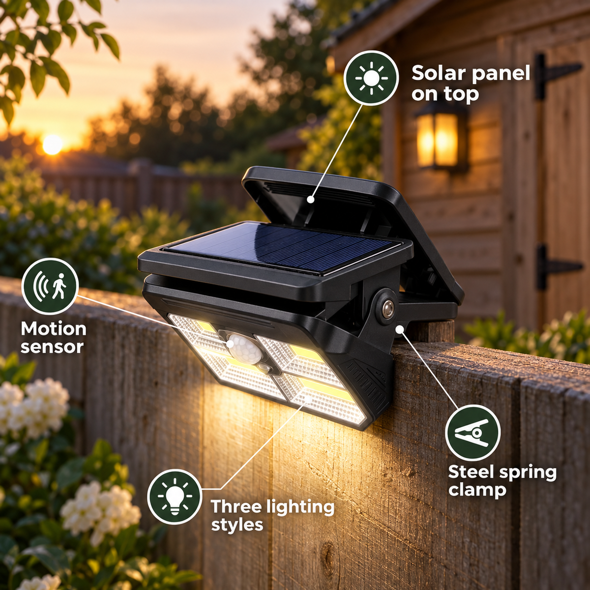 Lumova – Solar Clip-On Motion Sensor Light with Spring Clamp & Three Lighting Styles for Fences & Sheds