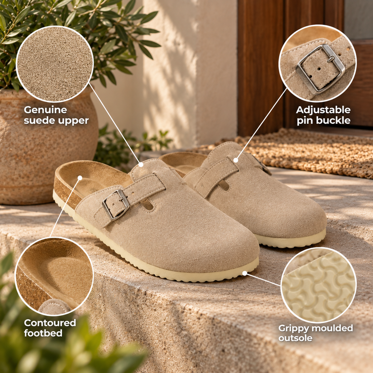 Suedova – Genuine Suede Clogs with Cork Footbed, Adjustable Buckle & Soft Lining for All-Day Wear