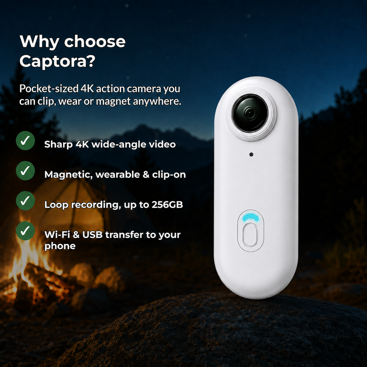 Captora – Magnetic 4K Action Camera with 120° Wide-Angle Lens, Wearable Clip & Loop Recording