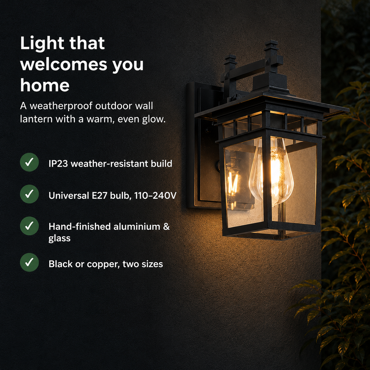 Lumira – Outdoor Waterproof Wall Lantern with Glass Shade, Aluminium Body & E27 Fitting for Gardens, Porches & Patios