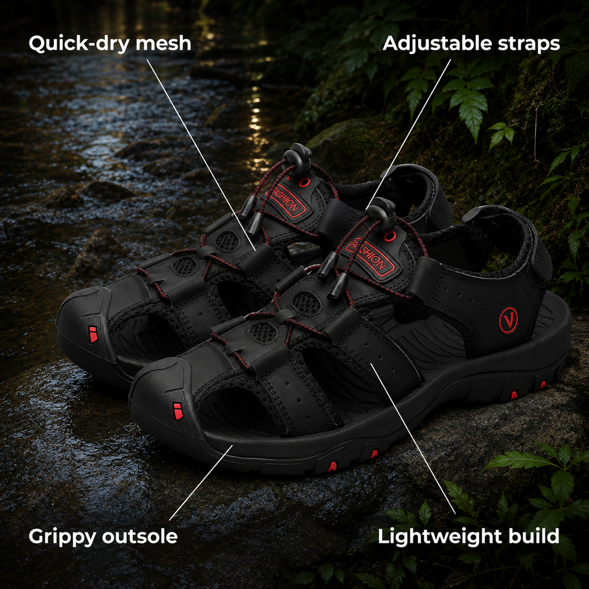 Fordova – Quick-Dry Lightweight Hiking Sandals with Adjustable Straps & Grip Outsole