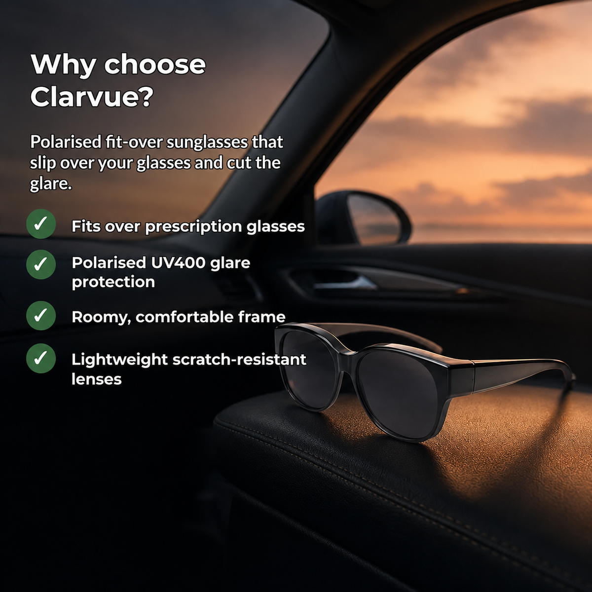 Clarvue – Fit-Over Polarised Sunglasses with UV400 Protection for Prescription Glasses Wearers