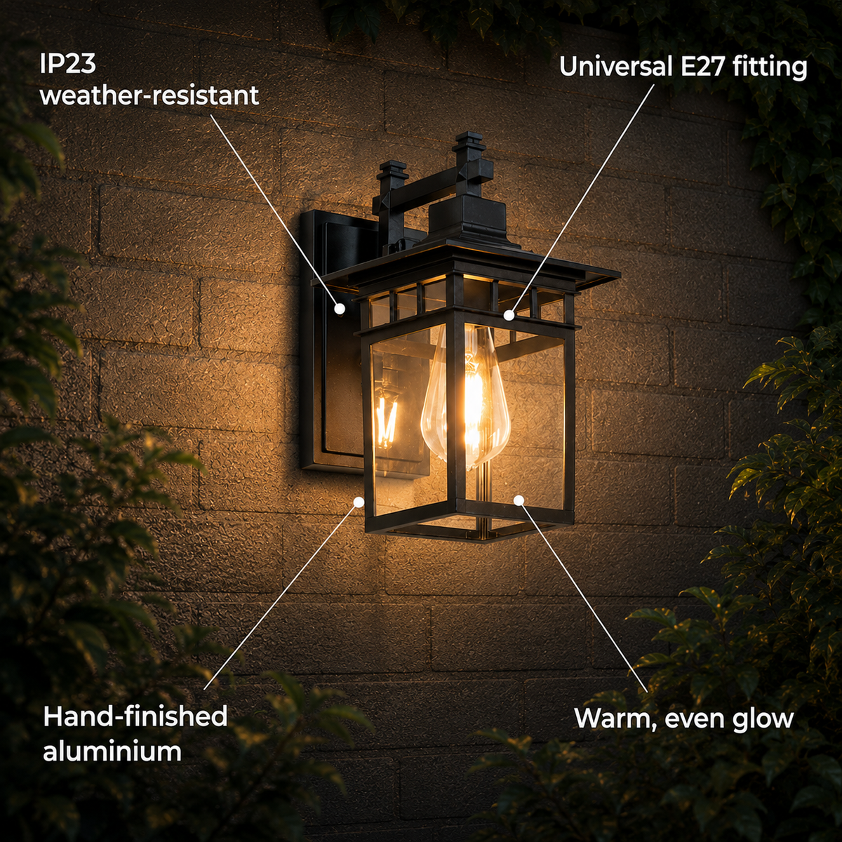 Lumira – Outdoor Waterproof Wall Lantern with Glass Shade, Aluminium Body & E27 Fitting for Gardens, Porches & Patios