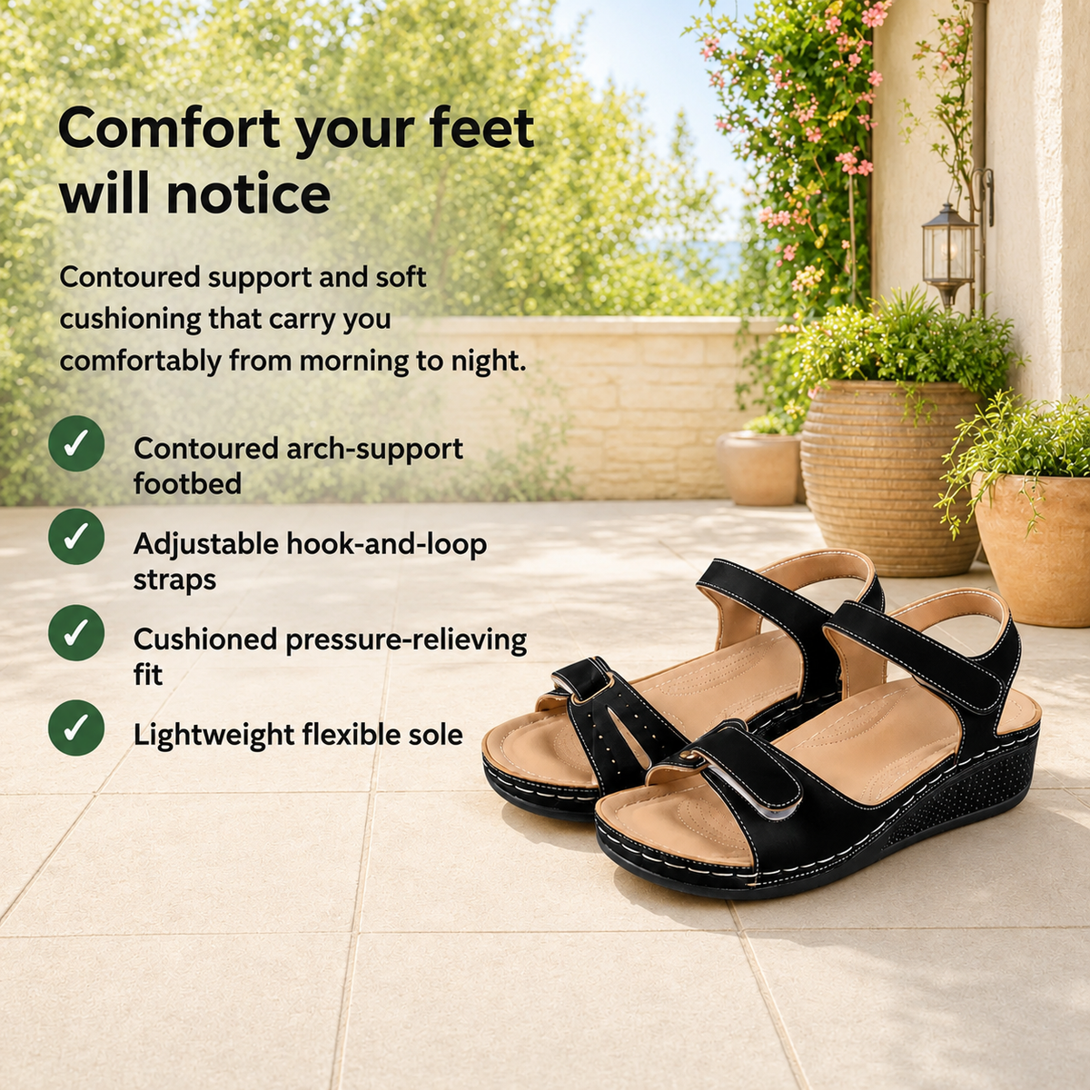 Cushova - Orthopedic Comfort Sandals with Adjustable Straps & Cushioned Arch-Support Insoles