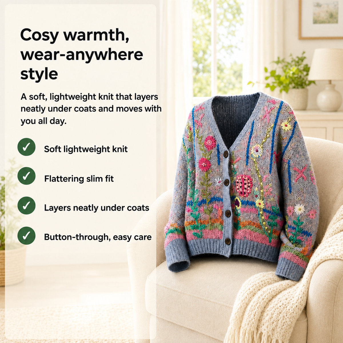 Vellora – Soft Knit Cardigan with Lightweight Layering Warmth & Slim Everyday Fit
