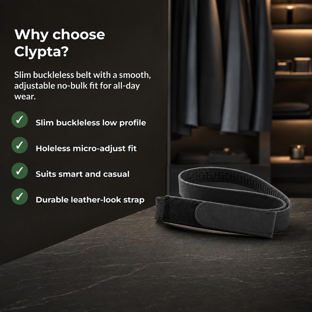 Clypta – Buckleless Adjustable Belt with Slim No-Bulk Fit for Everyday Casual & Smart Wear