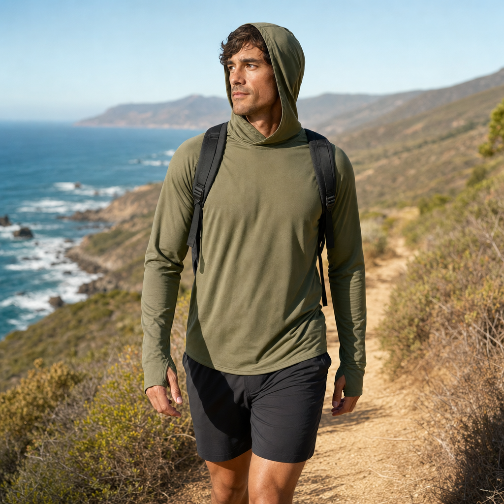 Man hiking in Solano sun hoodie with hood up