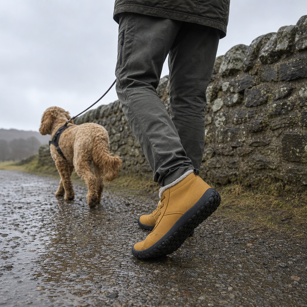 Man walking a dog wearing Boreva barefoot winter shoes on a wet gravel track