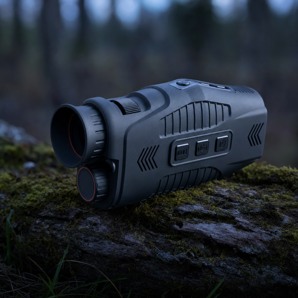 Noctora monocular on log close-up