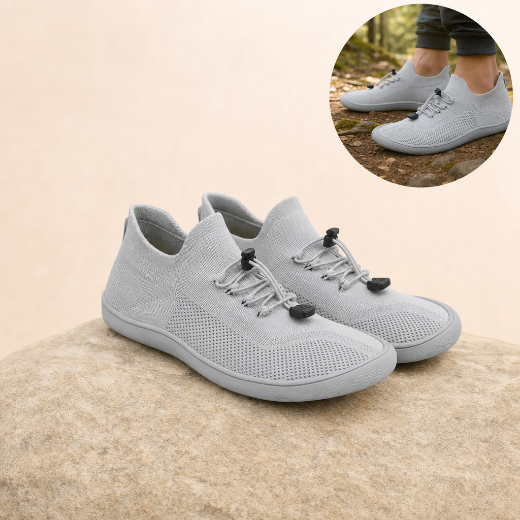 Strova barefoot walking shoes – Ash Gray on sandstone with in-use inset
