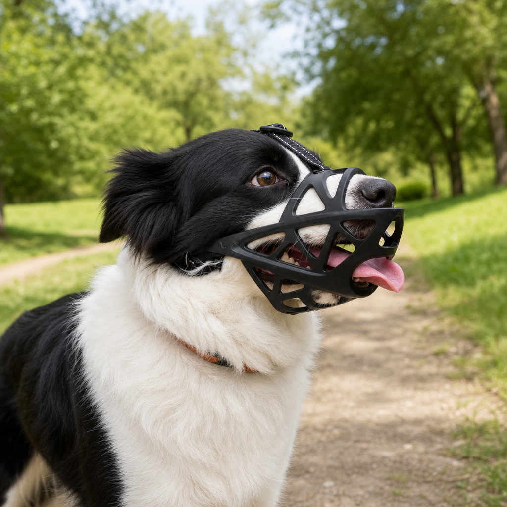 Dog wearing the Snoutra muzzle on a park walk