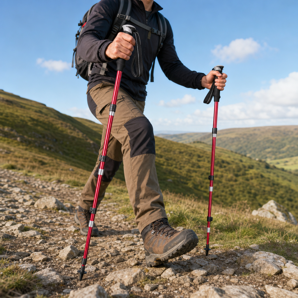 Hiker using Stavora trekking poles on hillside trail