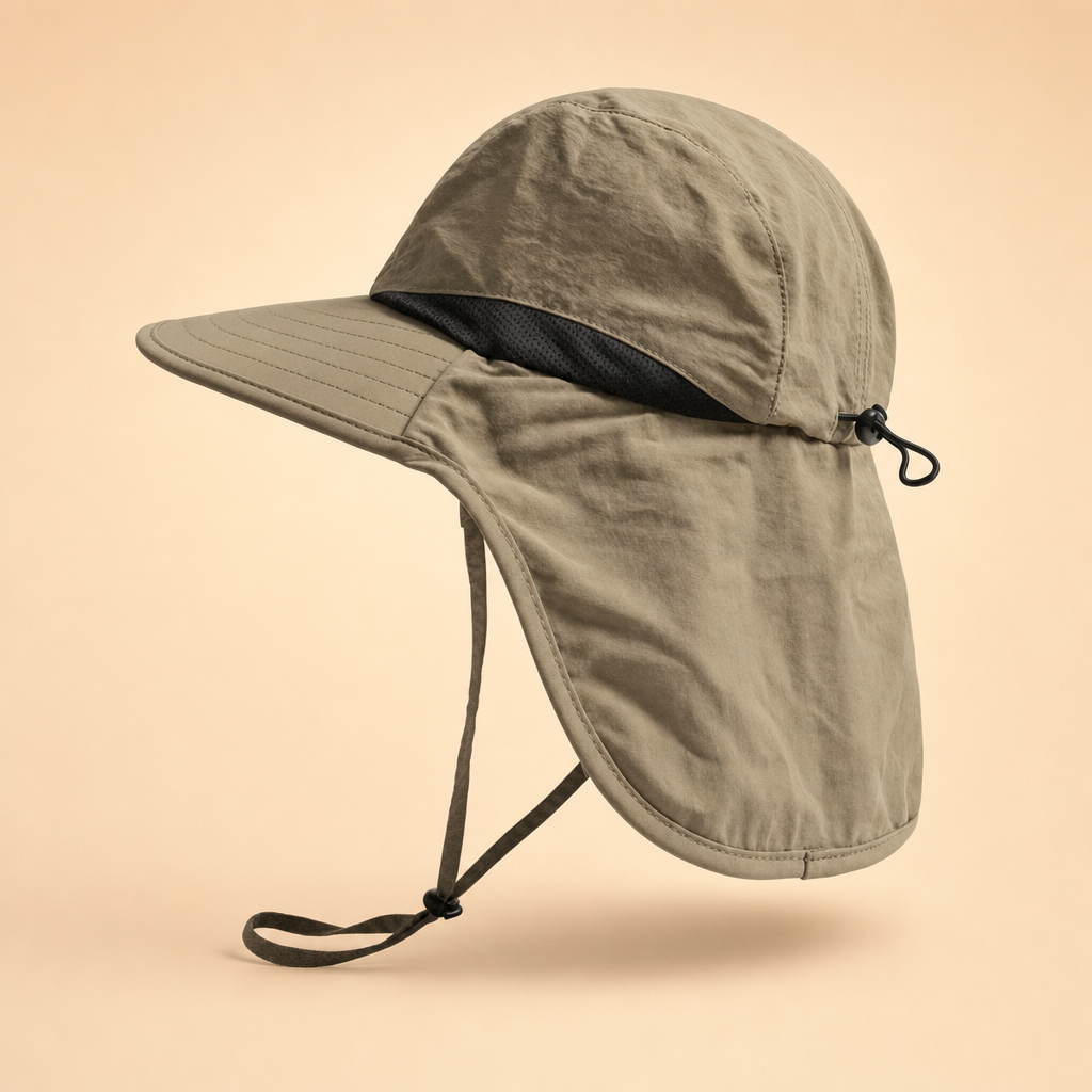 Shadova wide-brim sun hat with mesh neck flap and chin cord