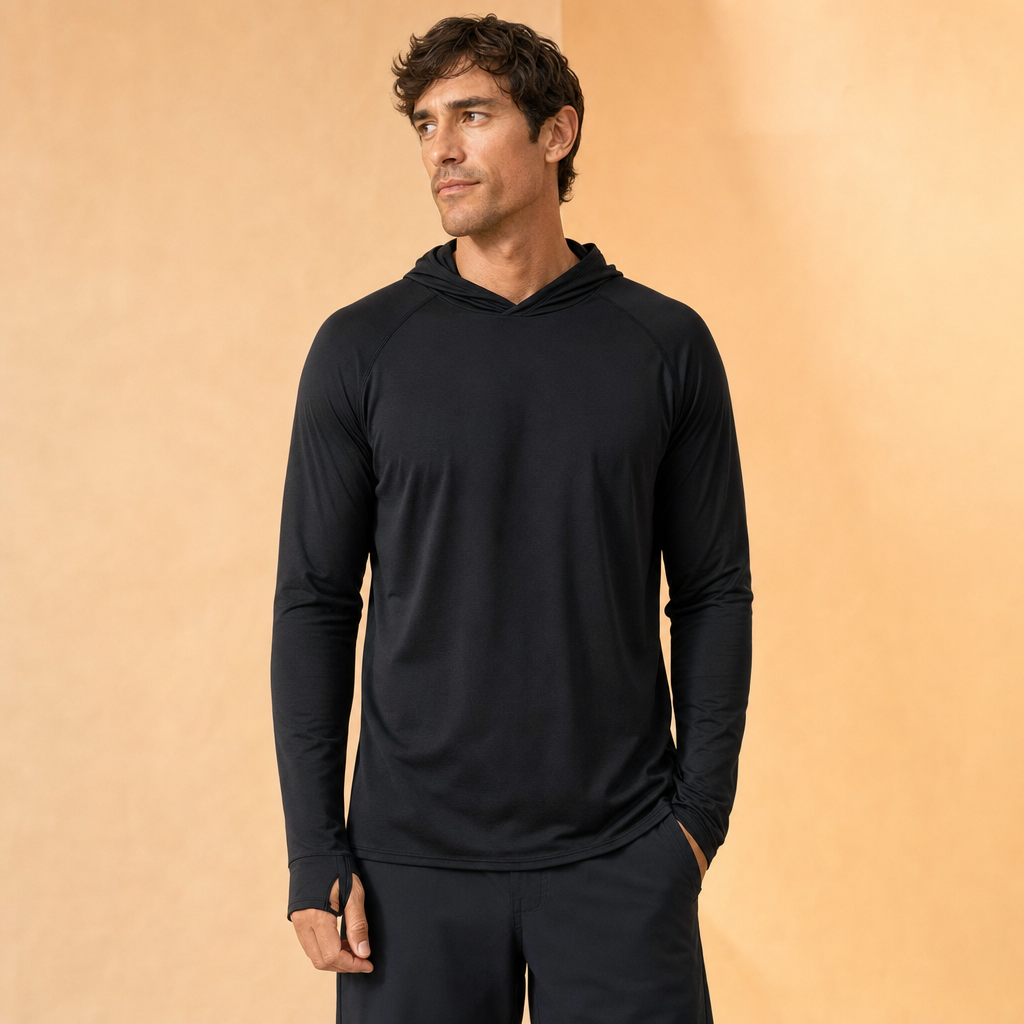 Solano men's UPF 50+ sun hoodie in black, front view