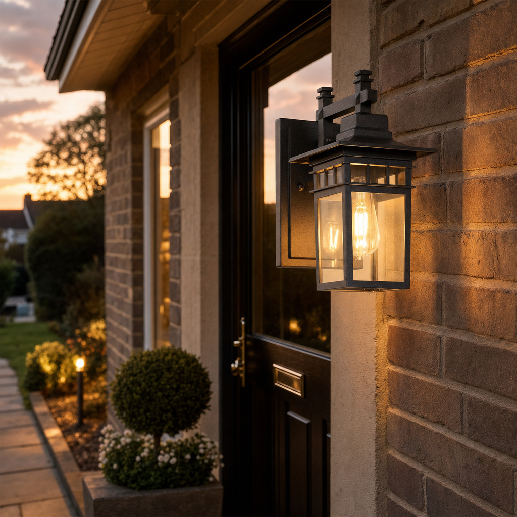 Lumira lantern lit at dusk beside a front door