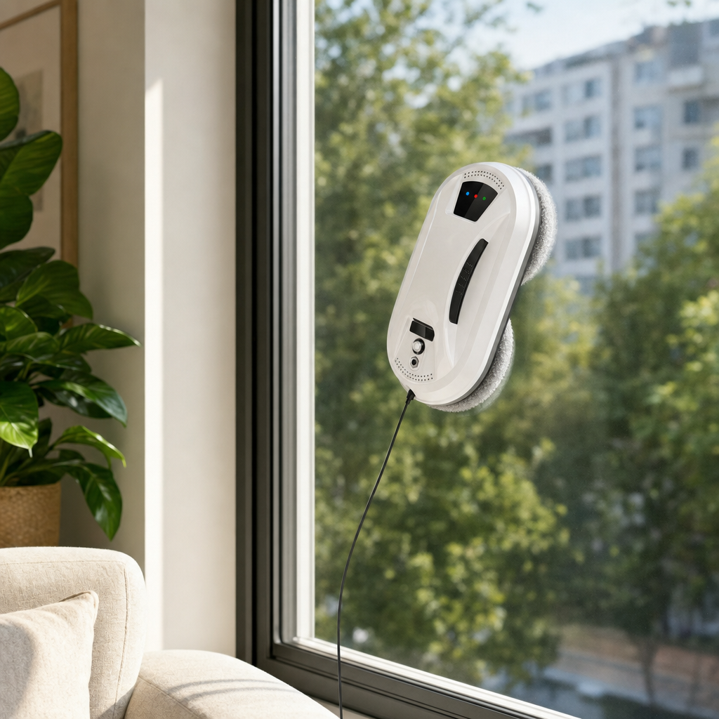 Clarora robot on a glass door