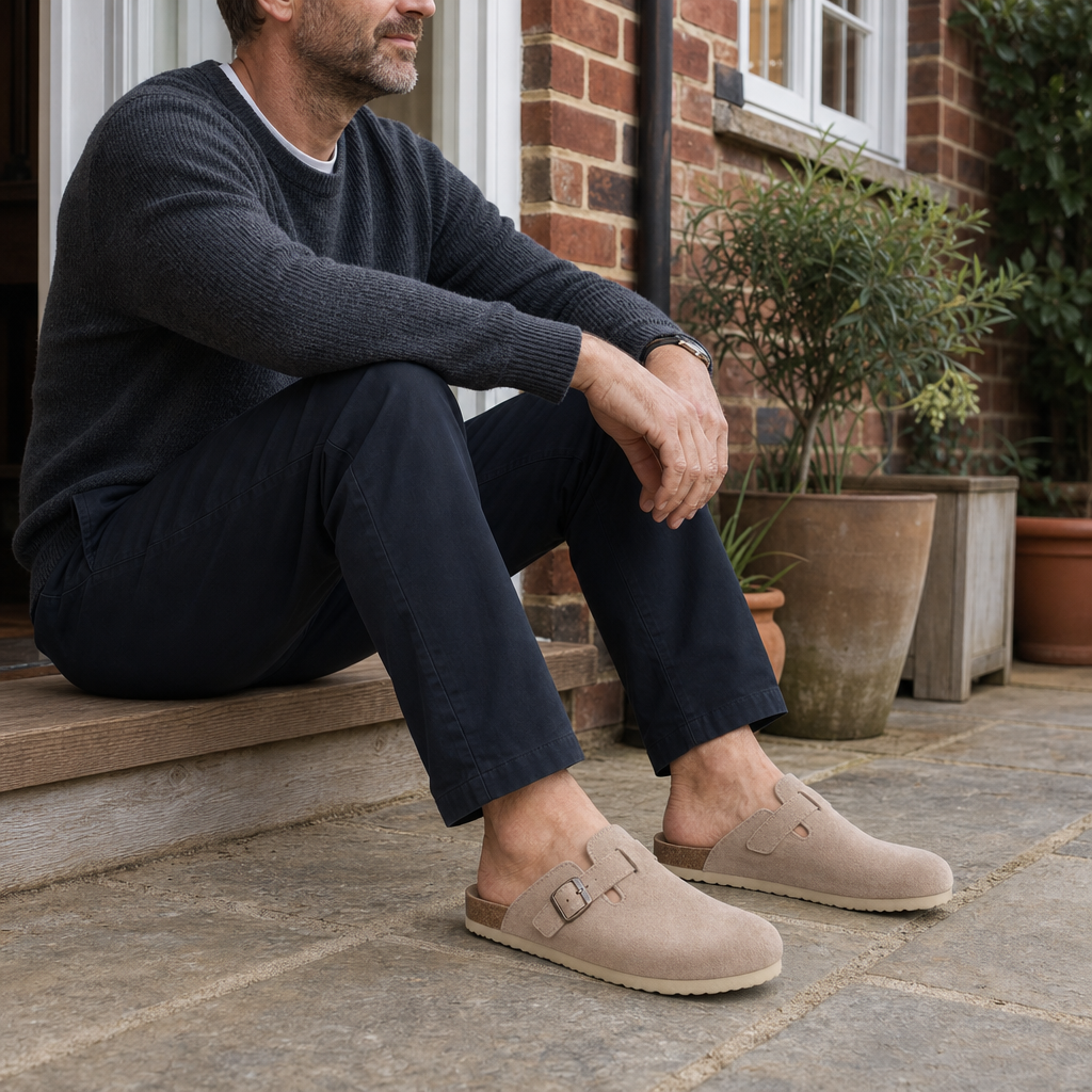Man wearing Suedova taupe suede clogs on a doorstep