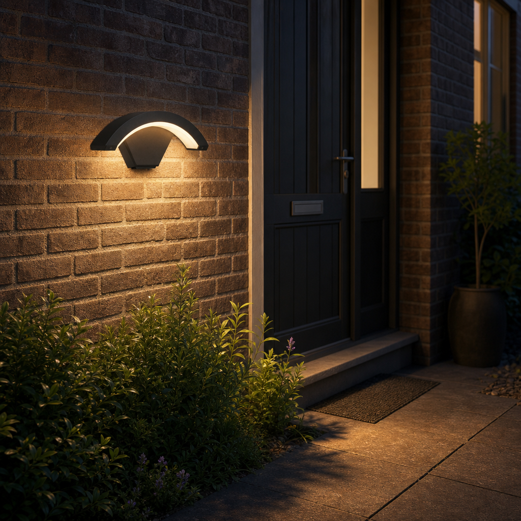 Sensora wall light glowing beside a front door at dusk