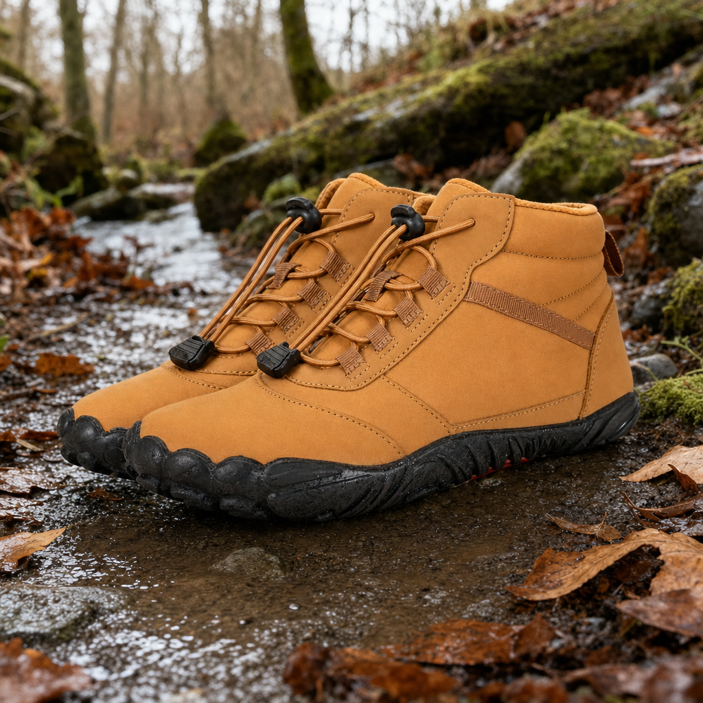 Wandora barefoot winter boots on a winter woodland trail