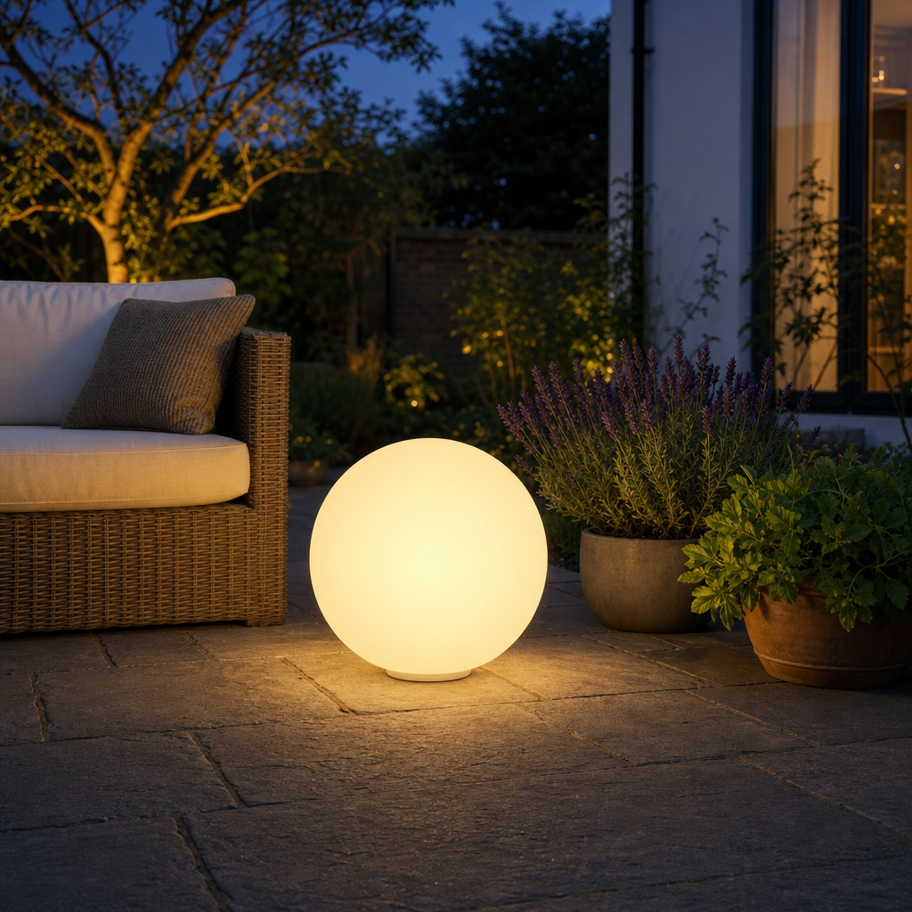 Orblux garden sphere glowing on patio at dusk